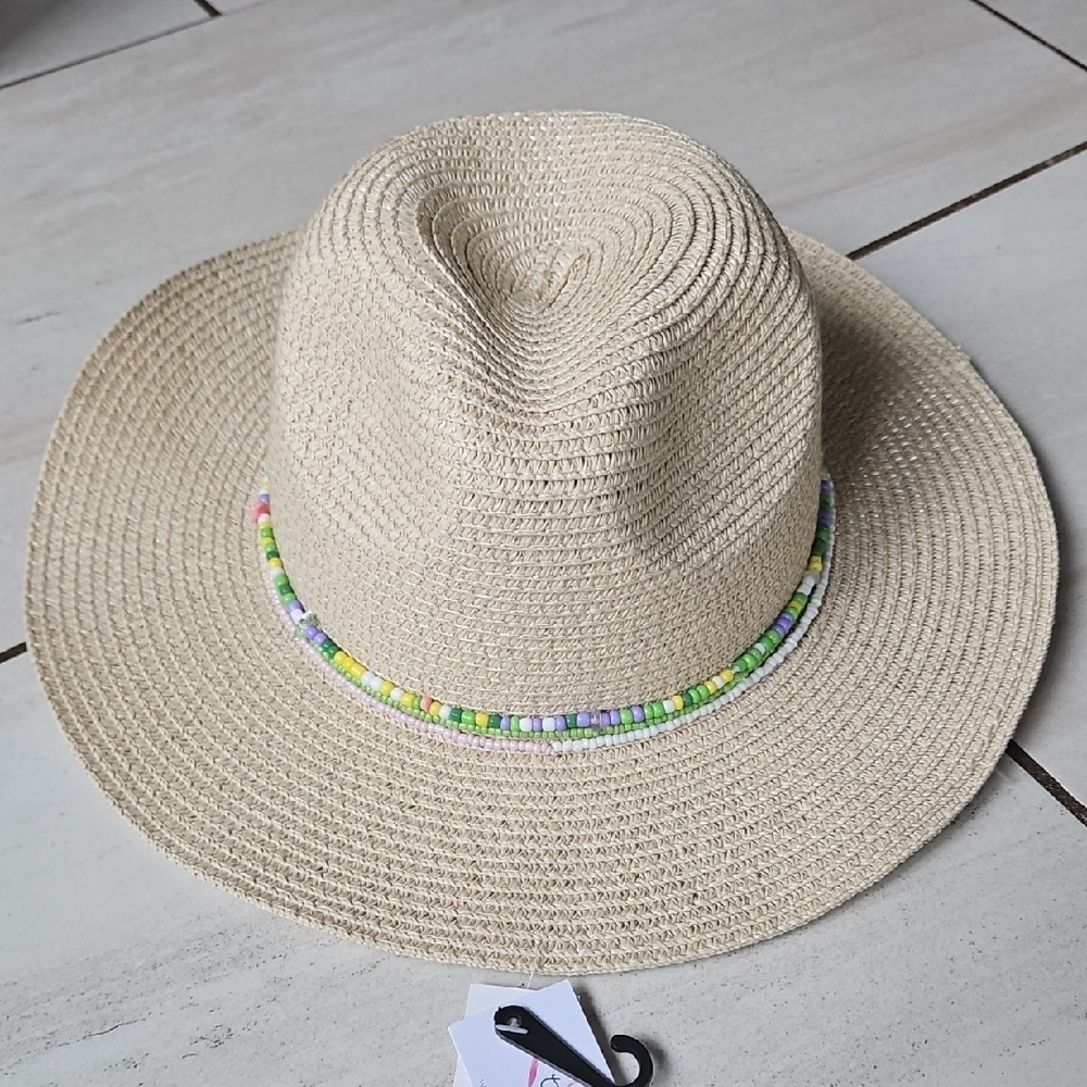 NWT True Love Beige Straw Hat with Colorful Beaded Band